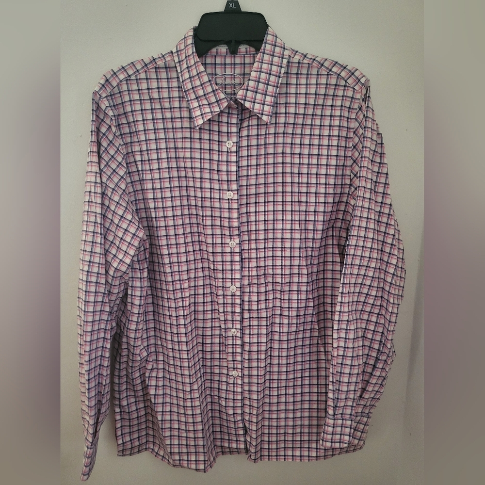 Foxcroft 100% Cotton Wrinkle-free Men's Pink and Blue Plaid Shirt